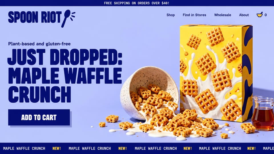 Landing page website design, new flavor drop with a scrolling ticker: lavender page, navy condensed headline, a yellow cereal box with cereal spilling from a bowl, navy add-to-cart button
