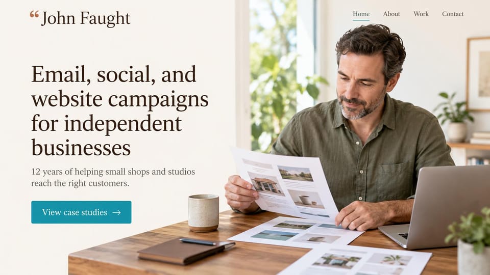Marketing portfolio website design, campaign marketer for independent businesses: warm white page, a large dark serif headline, a teal button and a man in an olive shirt reading printed layouts at a sunny desk