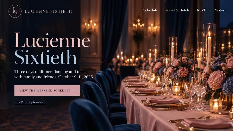Event website design, birthday weekend with a candlelit banquet: dark photo of a long banquet table with pink linens, candles and flowers, pink and blue serif headline, pink schedule button