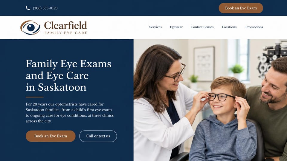 Medical practice website design, family eye care with a child's first glasses: navy panel with a white serif headline and brown buttons beside an optometrist fitting a boy's glasses