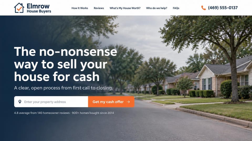 Business website design, no-nonsense cash buyer on a quiet street: white header with an orange phone number, a tree-lined suburban street under a navy fade, large white headline at left, white address bar with an orange button