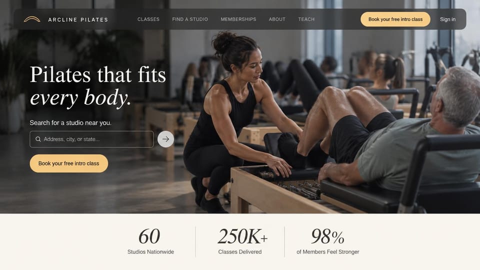 Fitness website design, pilates network with a studio search: a reformer class photo, a white serif headline, an address search and three large figures below