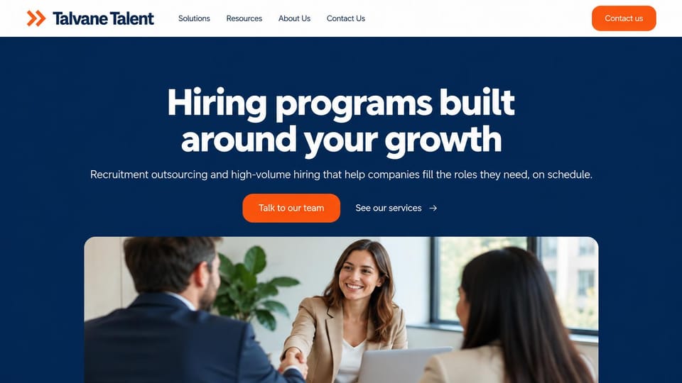 Recruiting website design, high-volume hiring for large employers: white menu bar, a navy band with a centered bold white headline and an orange pill button above a wide photo of a handshake at an interview