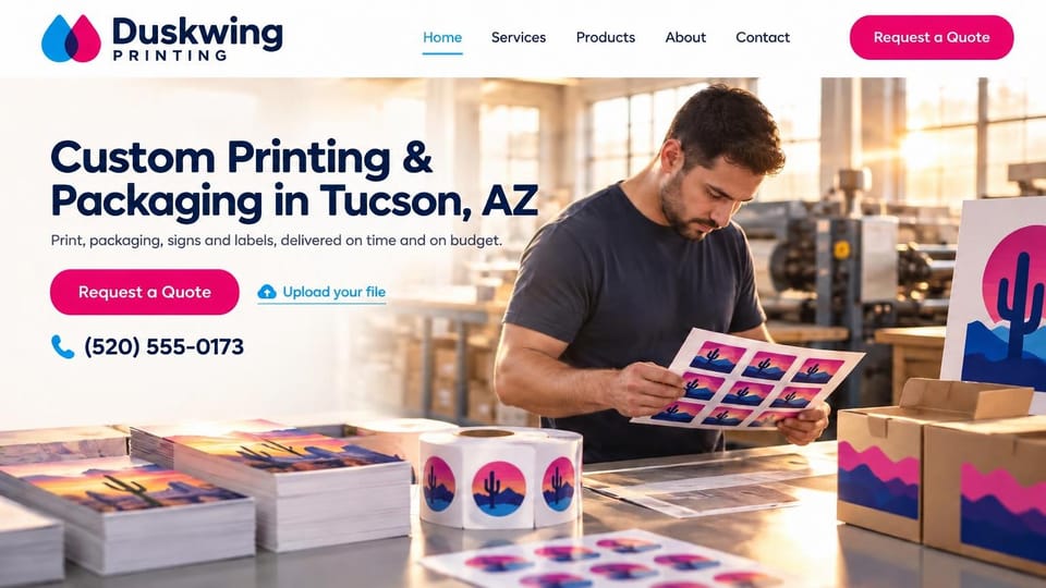Printing website design, printing and packaging with labels and boxes: sunlit white page, a navy headline, a pink quote button, a phone number and a man checking label sheets among printed boxes, rolls and flyers