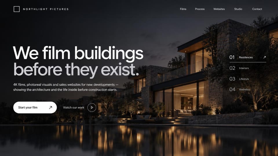 Agency website design, architectural film studio for developers: a modern stone house lit at night by a pool, a white sans headline and a numbered list on the right