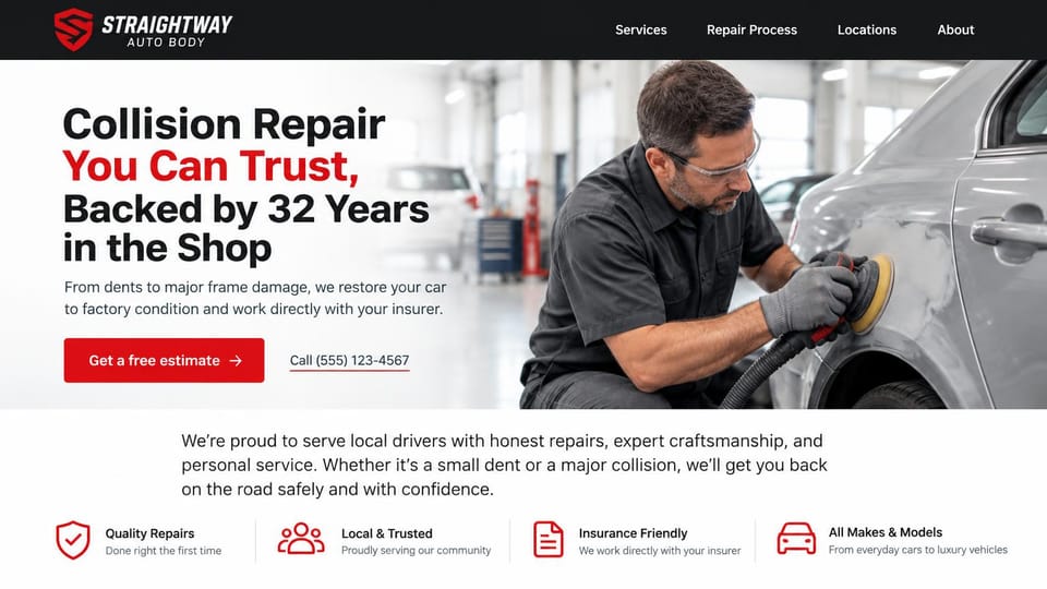 Auto repair website design, collision repair that works with your insurer: white page with a black menu and red accents, a technician in safety glasses sanding a silver car's quarter panel, four icon highlights below