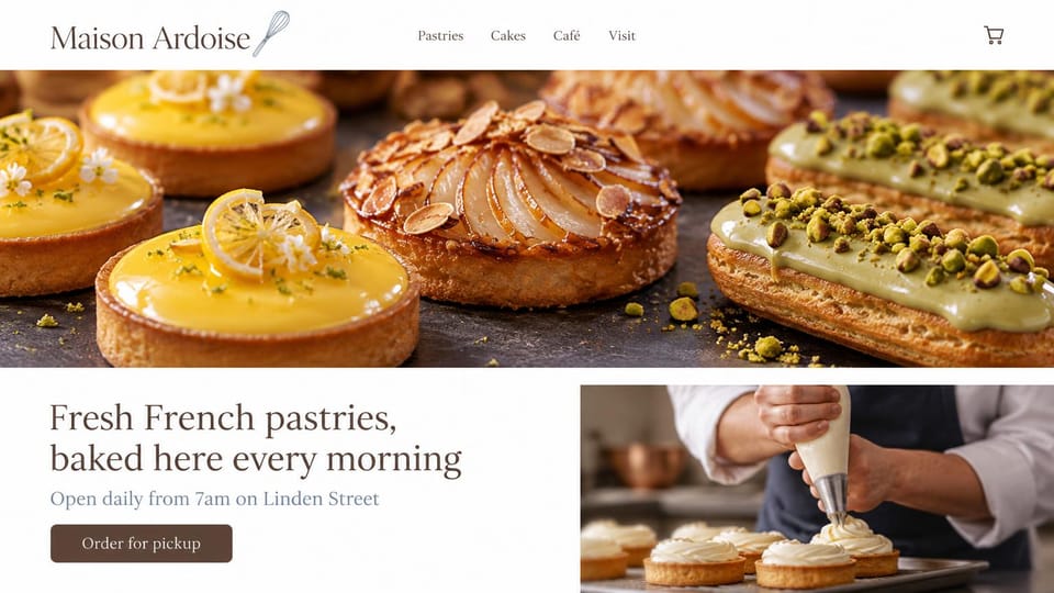 Cafe website design, french bakery with pickup up front: a banner of glazed tarts above cream text with a brown pickup button and a baker piping cream