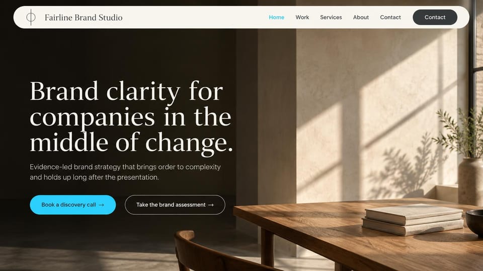 Agency website design, brand strategy in late afternoon light: warm shadowy room with sunlight on a table, a cream serif headline and a blue pill button