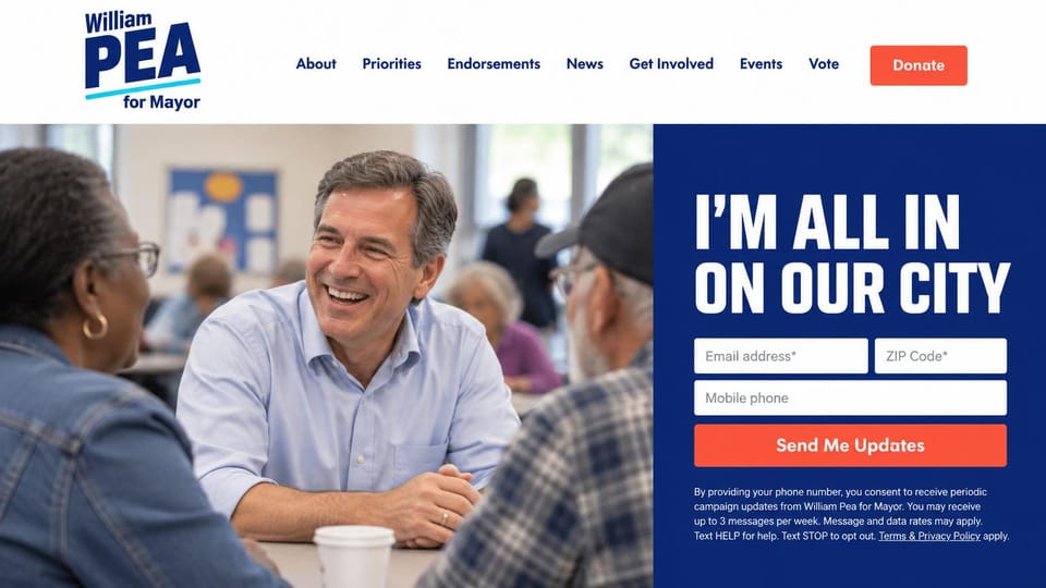 Political campaign website design, mayor's race with a side signup panel: white header with a bold navy name logo, a man in a blue shirt laughing with residents at a table, a navy panel with a white headline and coral button