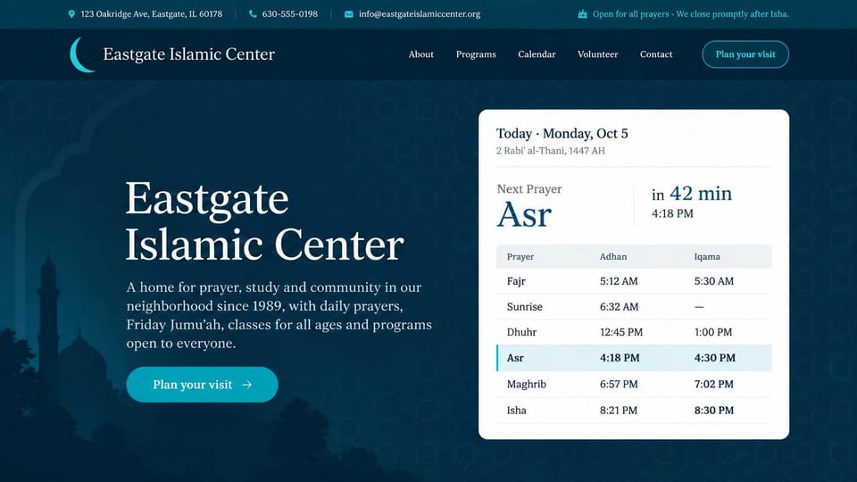 Church website design, mosque with daily prayer times: deep teal page, a white serif headline beside a white prayer times card