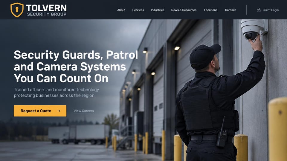 Security company website design, guarding, patrols and camera systems in one: dark header with a gold keyhole logo, an officer in black reaching up to a dome camera at a warehouse loading dock under gray skies, a white headline, a gold quote button