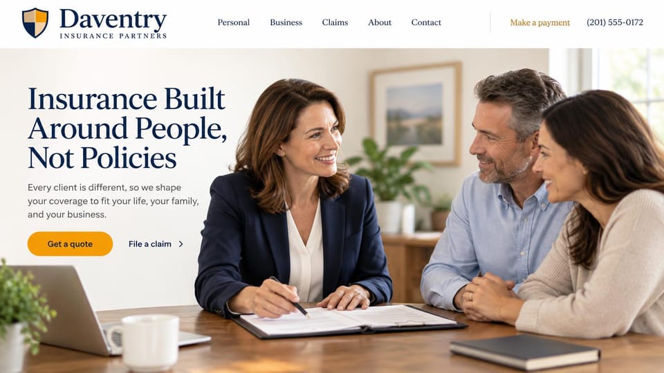 Insurance agency website design, personal and business agency with claims and payments up top: white page, a large navy serif headline, a gold quote button and a smiling agent with a couple at a wooden table