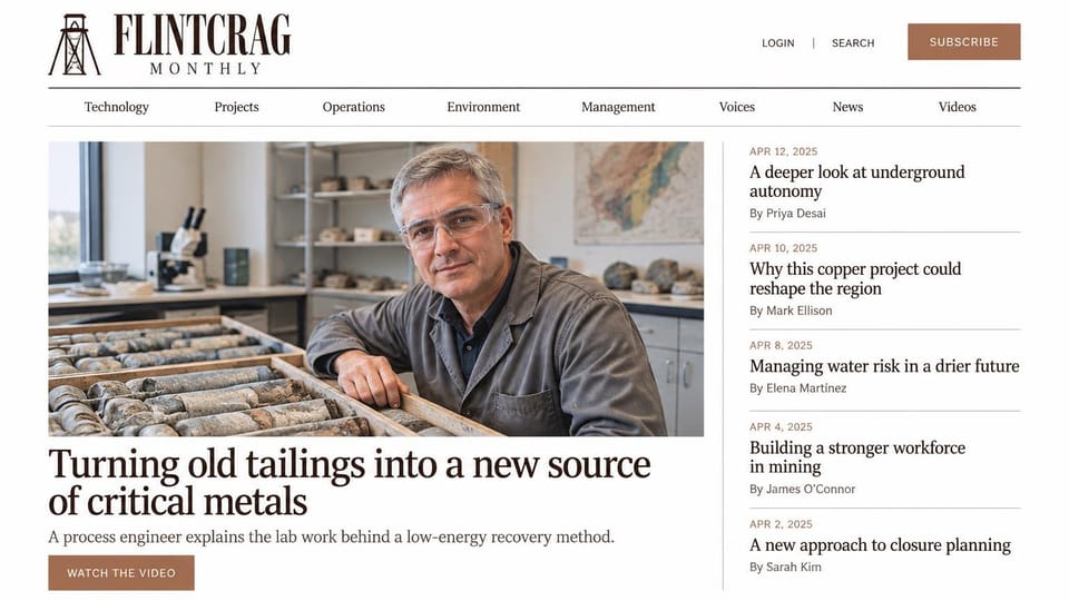 News and magazine website design, mining trade monthly with a video lead: white page, dark brown serif wordmark with a headframe mark, copper subscribe and watch buttons, an engineer in safety glasses beside trays of drill core, a column of dated stories with copper dates
