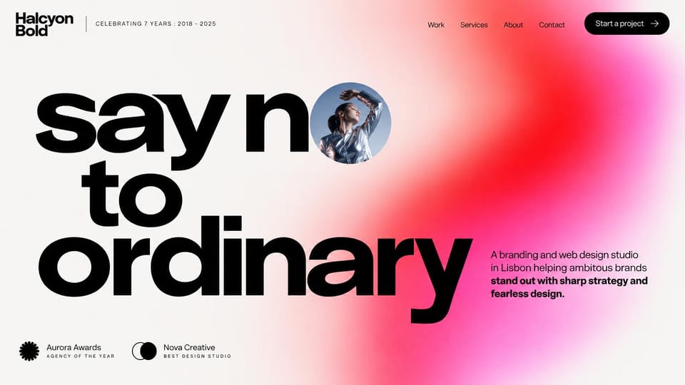 Agency website design, branding and web studio with a pink glow: white page with a red and pink gradient glow, a huge black sans headline and a small photo in a letter