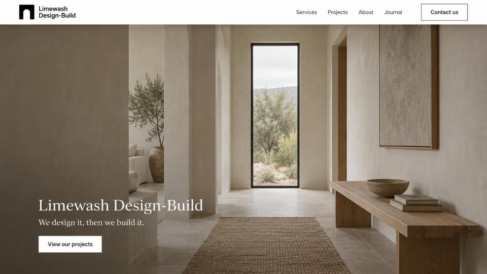 Architecture website design, small design-build studio in soft plaster tones: white header with a black arch logo, a plaster hallway with a tall window onto an olive tree, a large white serif name and white button at lower left