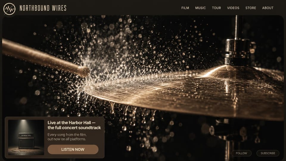 Musician website design, band with a concert film soundtrack: a drumstick striking a wet cymbal on black and a small brown card with a listen button
