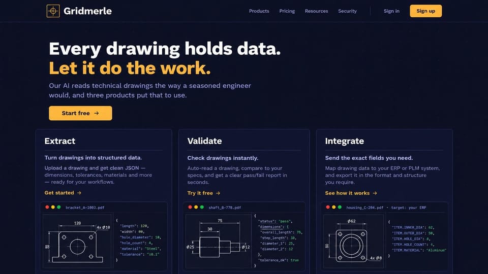 AI startup website design, engineering drawing AI with three product cards: deep navy page with a faint dot grid, a bold white headline with a second line in amber, amber buttons and three cards showing line-art part drawings beside code panels