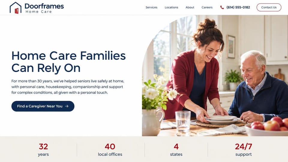 Home care website design, established agency with its years and offices in figures: white page, a navy headline, a navy find-a-caregiver button, an arched photo of a caregiver serving lunch to an older man and a band of four red figures