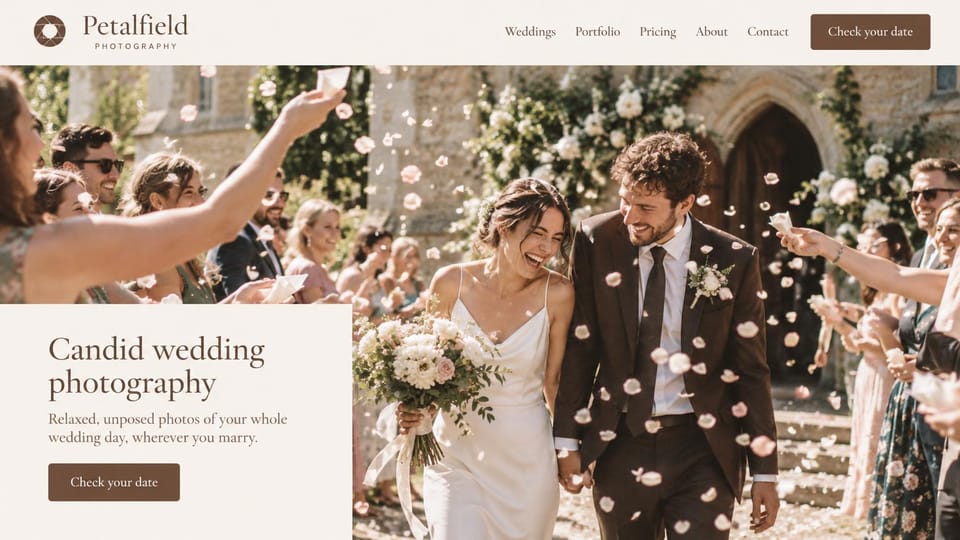Wedding photographer website design, candid wedding photographer with a petal toss exit: cream header with an aperture logo and a brown date button, a couple leaving a stone church through a shower of rose petals, a cream panel with a brown serif headline