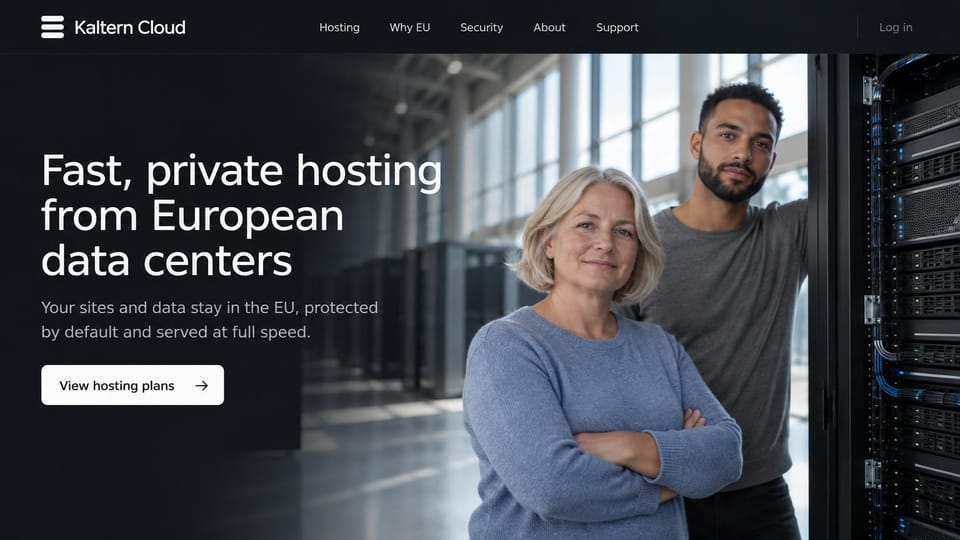 Web hosting website design, private hosting from European data centers: dark gray page, white headline, a white plans button, a photo of a smiling older woman and a young man beside server racks