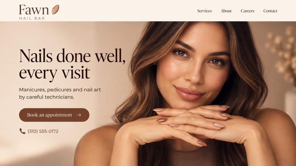 Nail salon website design, nail bar with a beauty portrait: cream header, a warm beige photo of a smiling woman resting her chin on her hands with long nude almond nails, a dark serif headline and a brown button