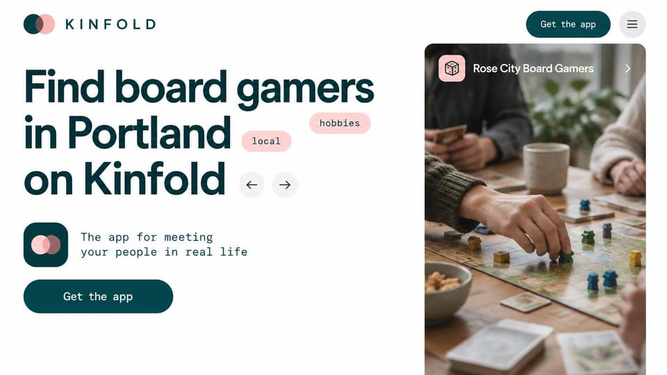 Mobile app website design, hobby meetup app with a city in the headline: white page, large dark teal headline with small tags, monospace text and a board game photo