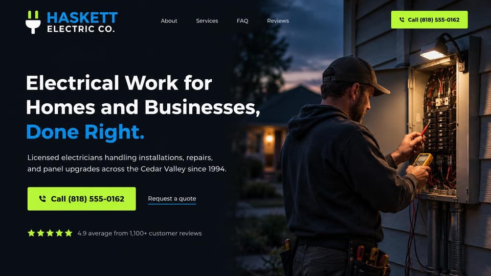 Electrician website design, home and business electrician at dusk: black page with a white and blue headline, a lime call button and green stars, an electrician testing an outdoor panel on a house at dusk