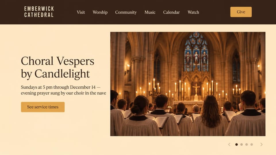 Church website design, cathedral with choral worship up front: cream and brown, a candlelit choir in a gothic nave beside a serif headline and a gold button