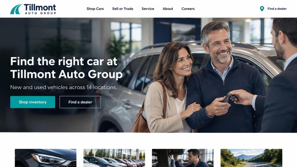 Car dealership website design, auto group with a find-a-dealer button: white header, darkened showroom photo of a couple receiving keys, white headline, teal shop button and a row of preview cards