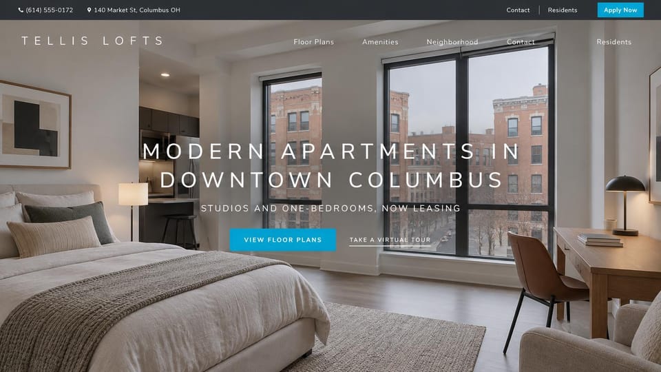Apartment website design, city studios with wide-spaced capitals: dark top bar with phone and address, a bright bedroom with tall windows onto brick buildings, white letter-spaced capital headline, a bright blue floor plans button