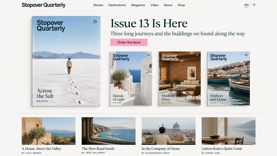 News and magazine website design, travel and architecture quarterly led by its new issue: warm white page, a large magazine cover of a walker on salt flats, a dark serif headline and pink order button, three back issue covers and a row of travel photos