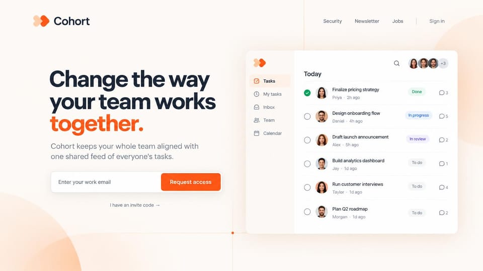 SaaS website design, invite-only beta with an email field: white page, black and orange headline, an email field with an orange button and a task list