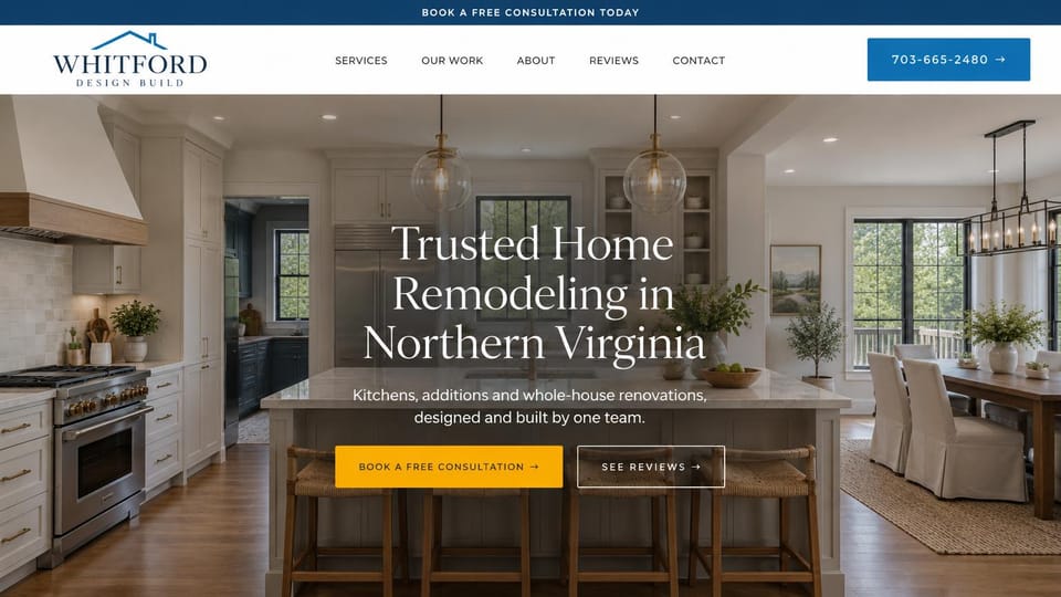 Remodeling website design, kitchens and additions with reviews a click away: a navy top bar, a white header with a blue phone button, a bright kitchen with glass pendants, a centered white serif headline and a yellow consultation button