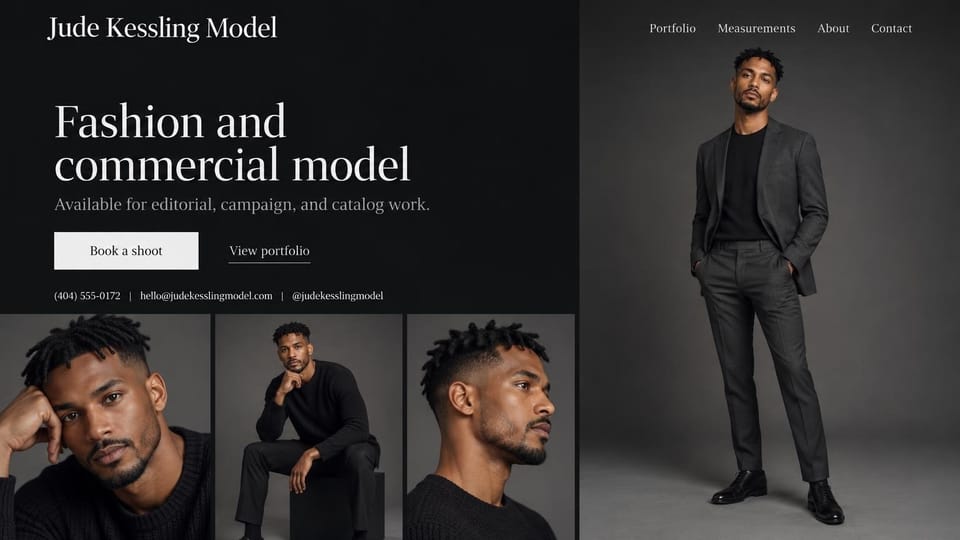 Model portfolio website design, male commercial model with contact details up front: near-black page, a white serif headline, a white booking button, a contact line, a full-length photo of a man in a charcoal suit and three photos below