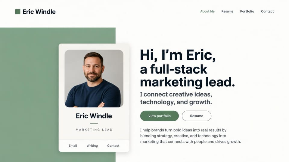 Resume website design, marketing lead with a profile card: white page with a sage green block, a profile card with a portrait of a smiling bearded man, a bold black hello, a green portfolio button and an outlined resume button