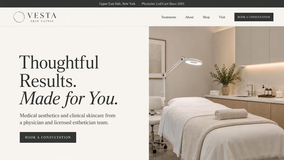 Spa website design, physician-led skin clinic, light and spare: ivory page, an oversized charcoal serif headline beside a photo of a quiet treatment room, a black consultation button