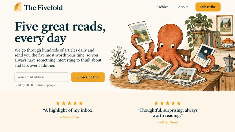 Blog website design, curated reading newsletter with a mascot: cream page, an illustrated orange octopus among books, a teal serif headline and a yellow button