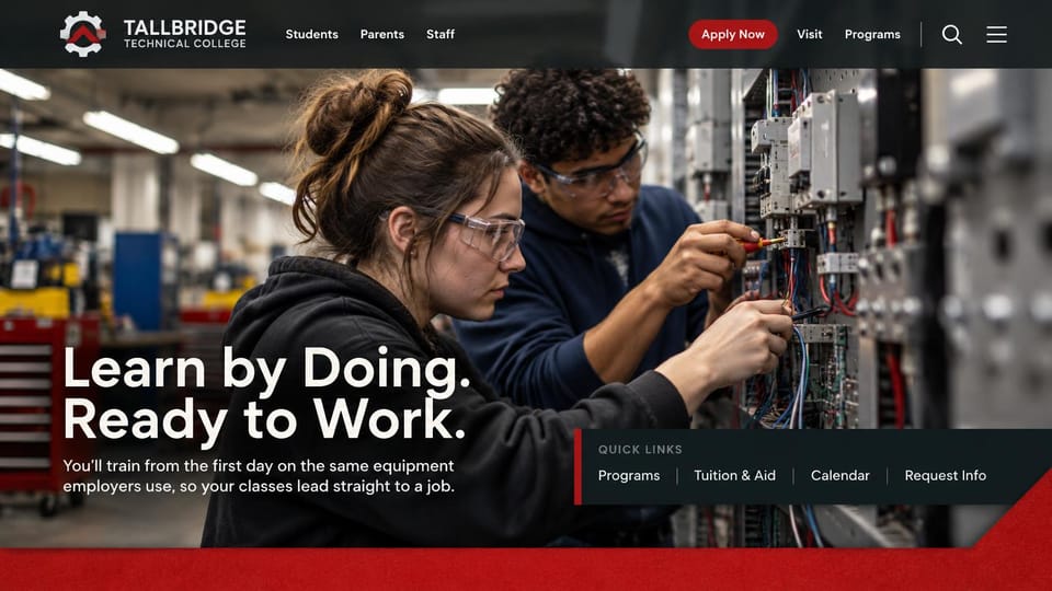 School website design, technical college with quick links on the hero: dark photo of students wiring an electrical panel, a bold white headline, a quick links panel, a red band