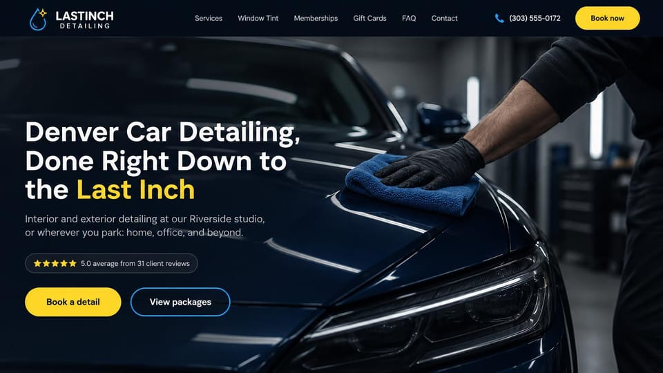 Car detailing website design, studio and mobile detailing in navy and yellow: near-black page, a white headline with a yellow phrase, a yellow book button and an outlined packages button, a gloved hand wiping a dark blue car's hood with a blue towel