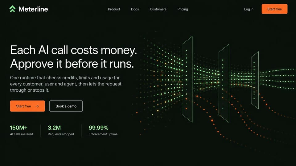 SaaS website design, usage billing tool in dotted light: black page, white headline, orange buttons, three figures and green dot patterns on the right