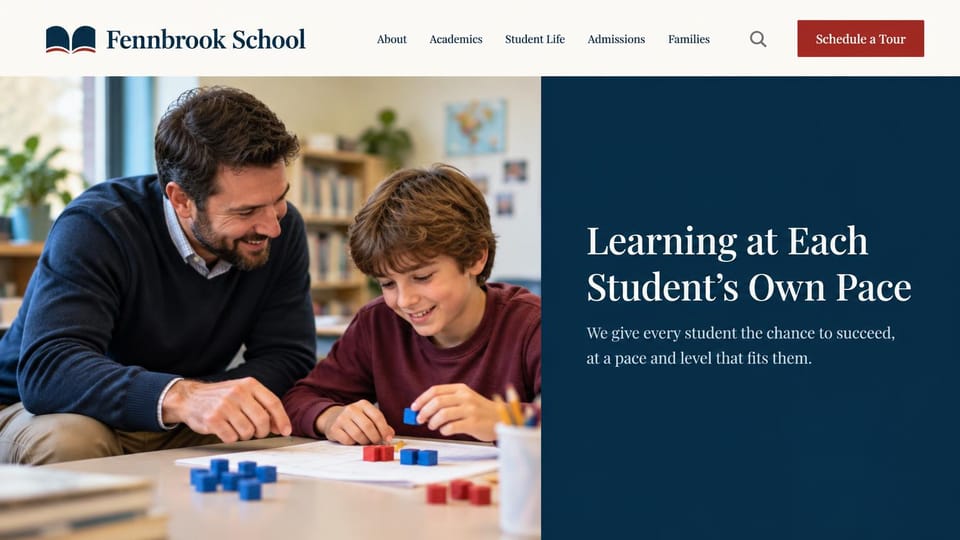 School website design, individualized learning school with a navy panel: cream header with a red tour button, a teacher helping a boy with counting cubes, a navy panel with a white serif headline