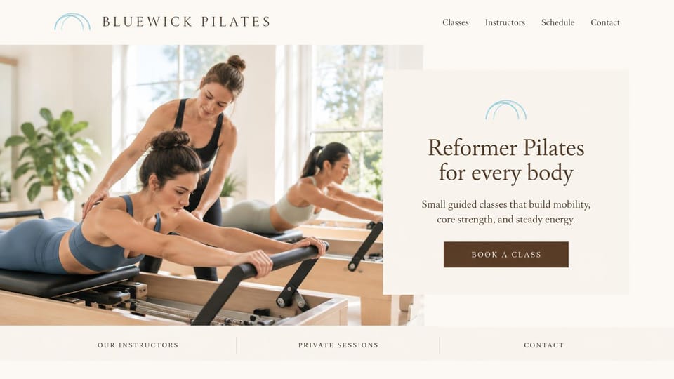 Fitness website design, reformer Pilates, soft and simple: cream and brown, a sunlit reformer class beside a cream panel with a serif headline