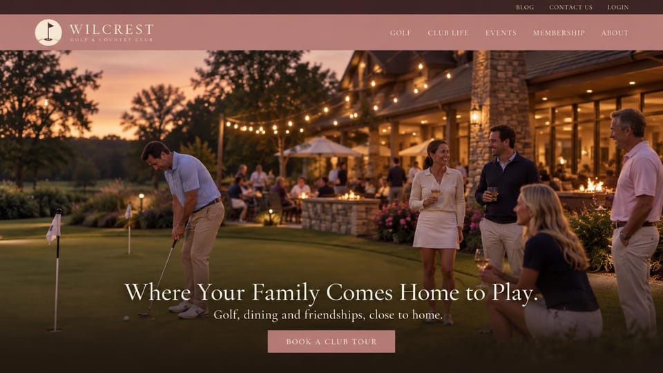 Sports team website design, golf and country club for families: dusty rose menu over a dusk photo of families and golfers outside a lit stone clubhouse with string lights, a centered white serif headline