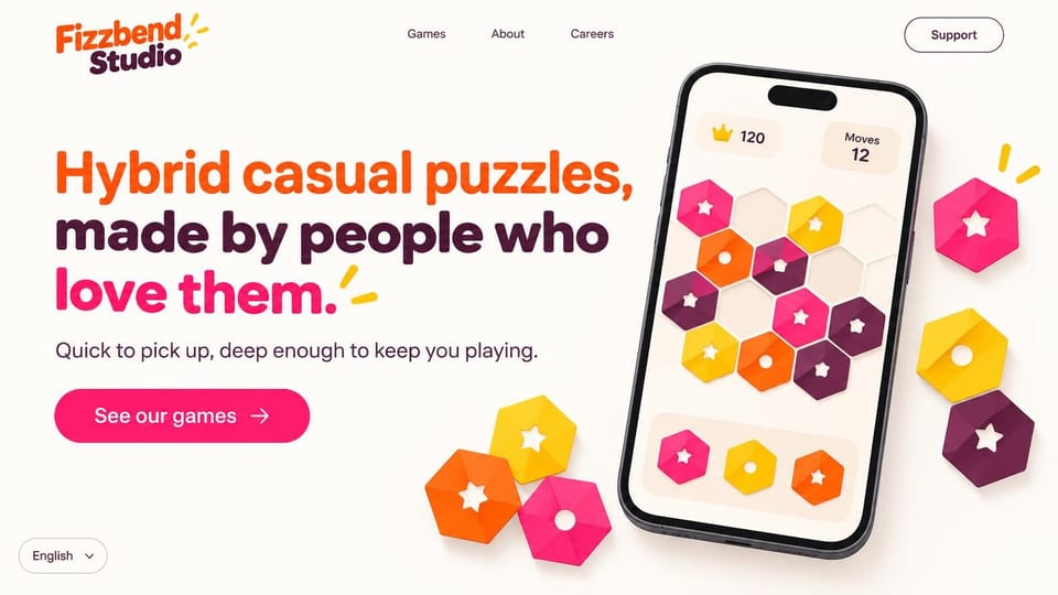 Gaming website design, mobile puzzle studio, bright and playful: off-white page, orange, magenta and purple headline, a pink button, a phone with a hexagon puzzle and floating 3D tiles