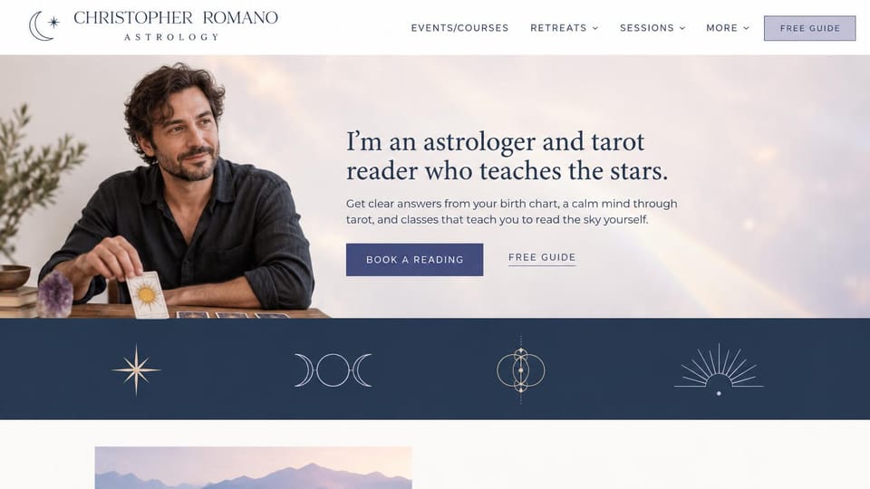 Astrology website design, astrologer and tarot reader who teaches, with a free guide: white header, a pale lavender sky behind a navy serif headline and button, a smiling reader holding a sun card, a navy band of gold line symbols