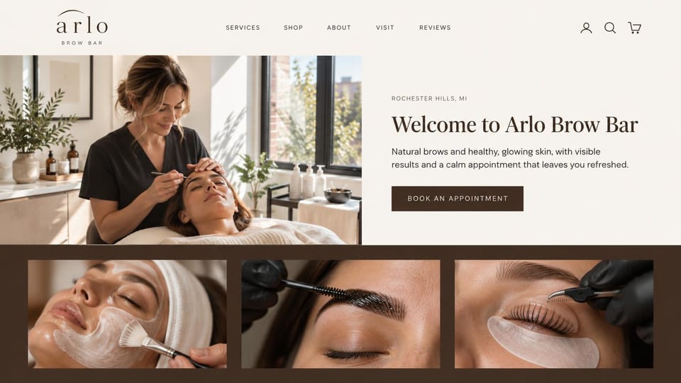 Spa website design, brow bar with a row of service photos: cream page, a brow artist at work beside a dark serif welcome, three close-up service photos on dark brown