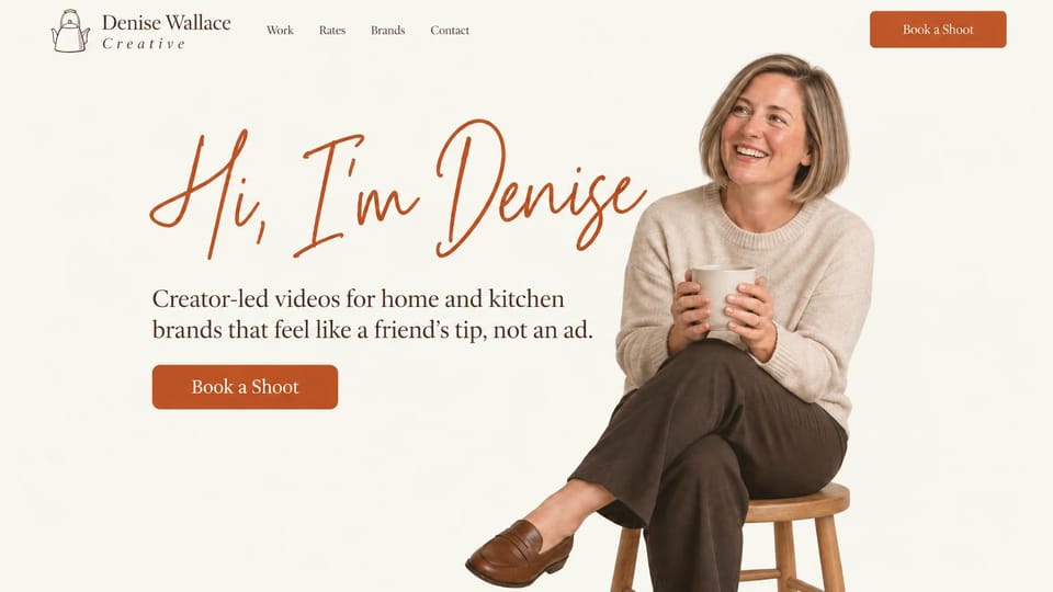 UGC portfolio website design, home and kitchen UGC with a handwritten hello: cream page, large rust script headline, a smiling woman with a mug seated on a wooden stool