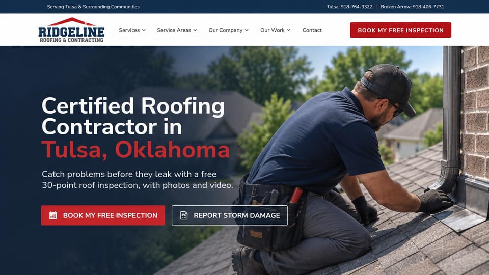 Contractor website design, roofing with a storm damage button: a roofer inspecting shingles under a navy overlay, a white and red headline and two red buttons