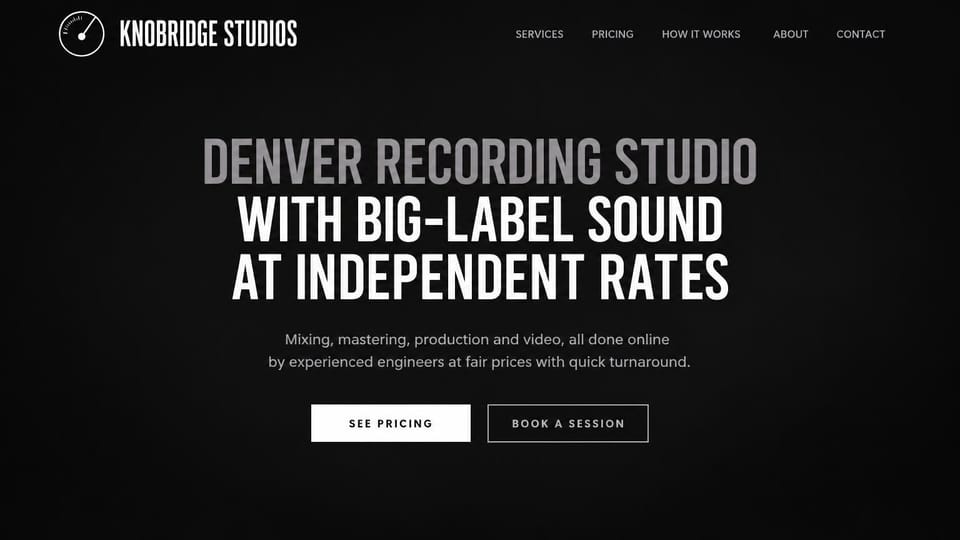 Recording studio website design, online mixing and production, all type: black page, a tall condensed headline in gray and white capitals, a dial logo, white and outlined buttons