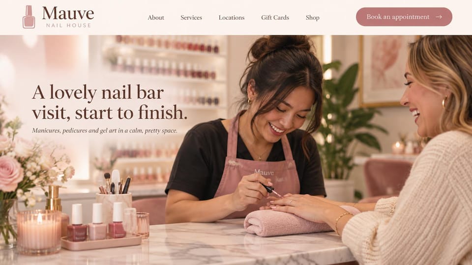 Nail salon website design, pretty nail bar with a tech and a laughing client: blush pink photo of a nail tech in a pink apron painting a laughing client's nails, a dark serif headline on the left
